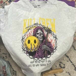 Kill Crew Gray T-Shirt with Skeleton and Yellow Graphic